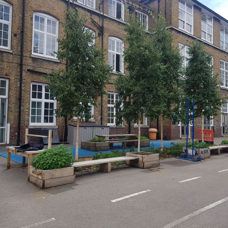 Outside seating area with trees & benches