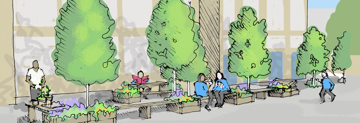 Watercolour illustration of a playground seating area showing children & trees