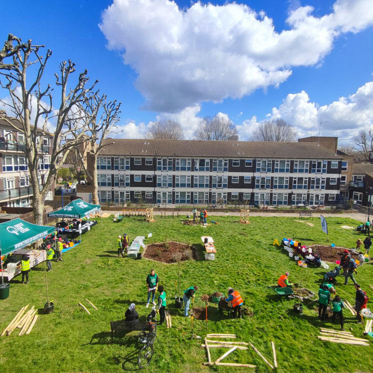 High angle shot of garden area with people working