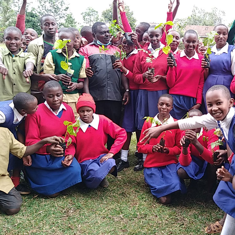 Group of children holding plants