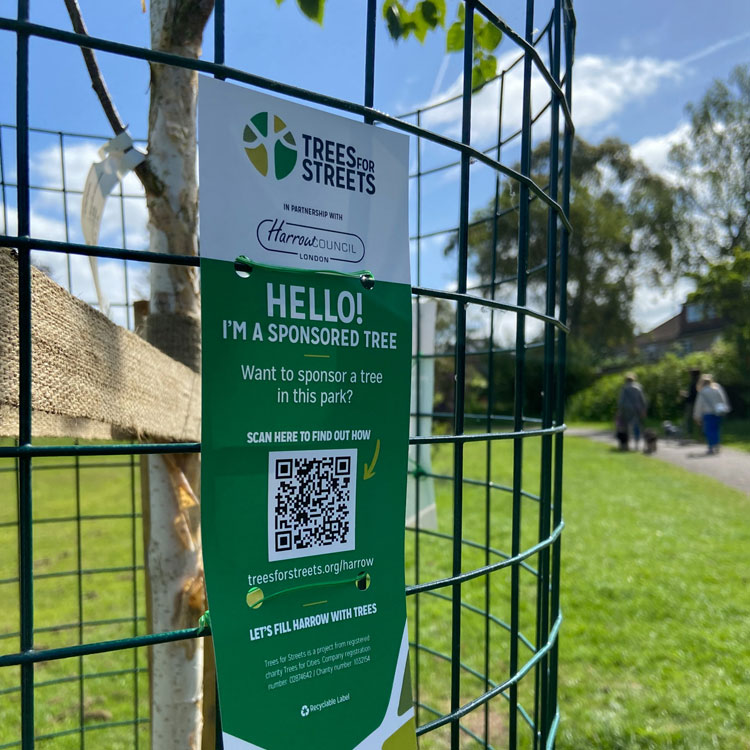 Close up of a notice attached to wire mesh surrounding a newly planted tree. The notice says: Hello, I'm a Sponsored Tree